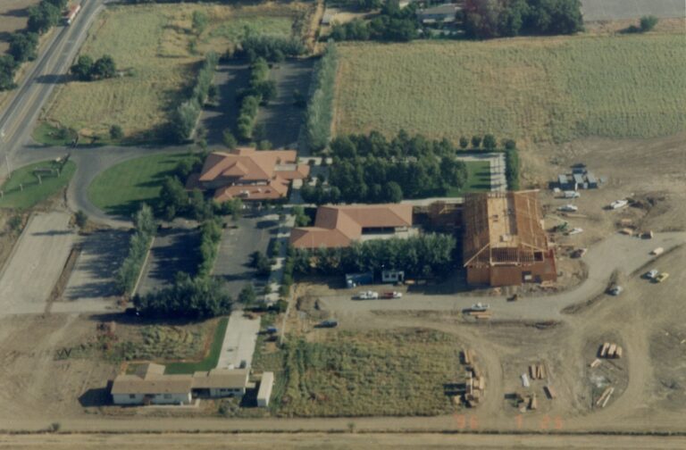Aerial view of the education building being built in 1996.